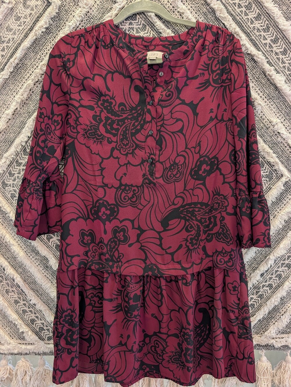 LOFT Plum and Black Floral Tiered Midi Dress